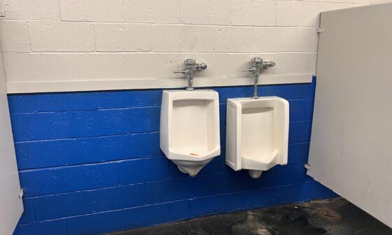 Restrooms at American Airlines Center in Dallas, remodeled after fans were complaining that the urinals were too far apart to give each other handjobs while talking about Jamie Benn