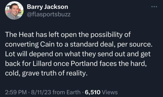 The Heat has left open the possibility of converting Cain to a standard deal, per source. Lot will depend on what they send out and get back for Lillard once Portland faces the hard, cold, grave truth of reality.