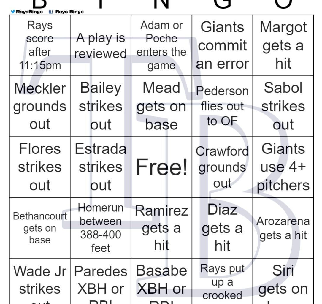 Rays vs Giants Bingo, 8/14/2023