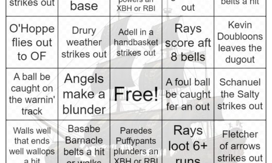 Rays vs Angels Bingo, Pirate Edition, 9/19/2023