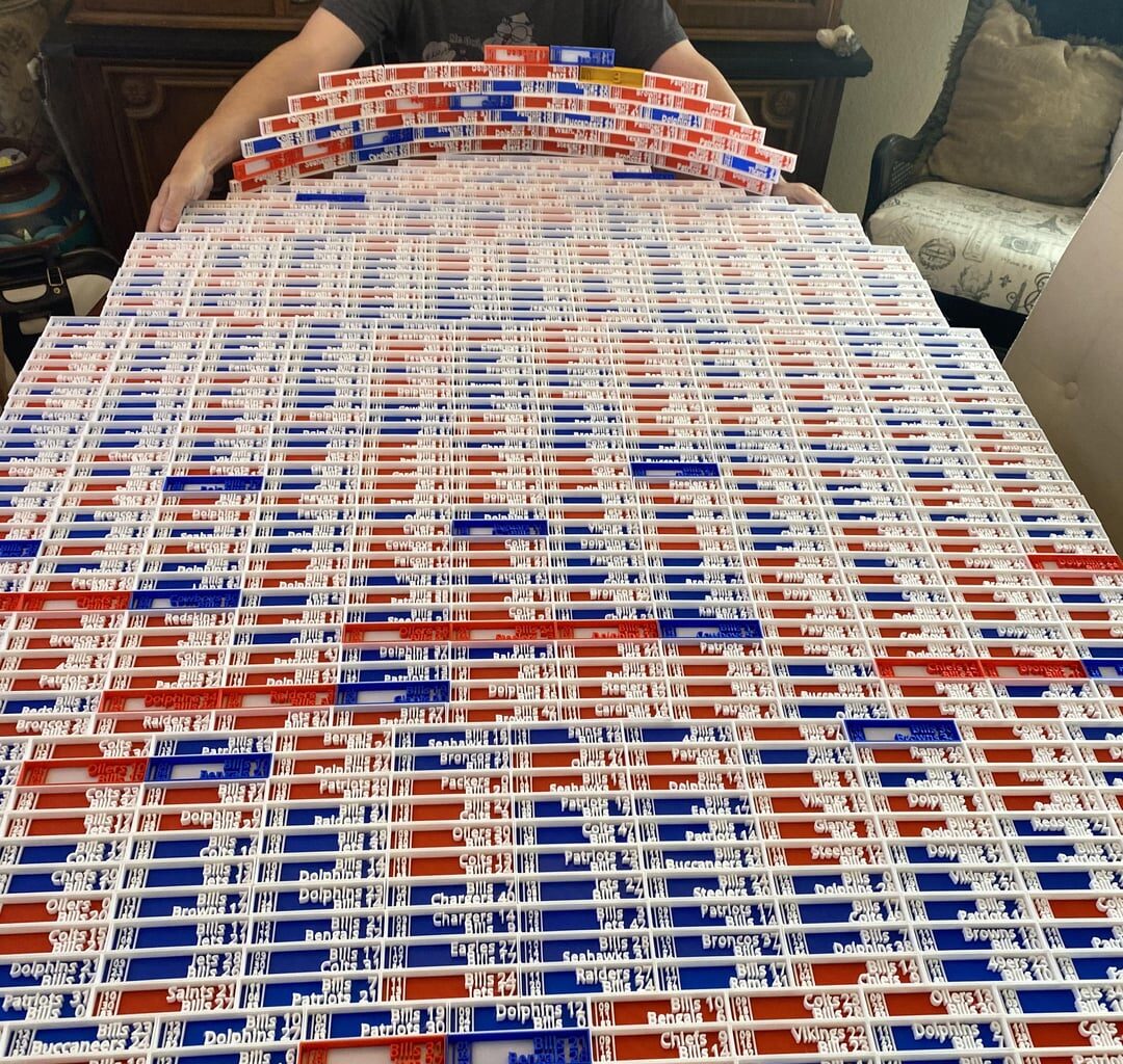 I 3D printed the Date and Score of all 758 Bills games of my lifetime. Finished today, just in time for the season opener. Go Bills!