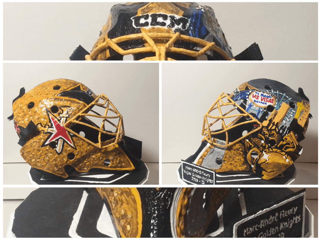 Hey all! Painting a goalie mask has always been a dream of mine, and a few months ago I was able to finally do so! Here is a 6" replica I made of one of my favorite masks, Marc-André Fleury's Vegas mask. The model is all 3d printed, painted with acrylics and sealed with clear gloss spray paint.