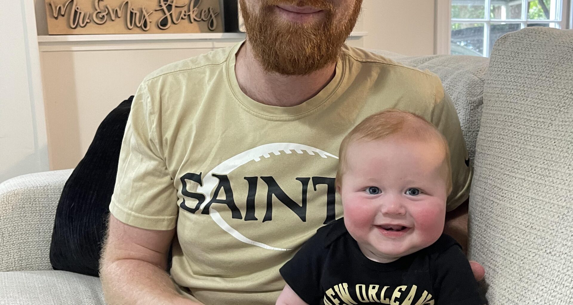 His first Saints game was close but he loved it! Got so excited at kickoff he pooped his pants!