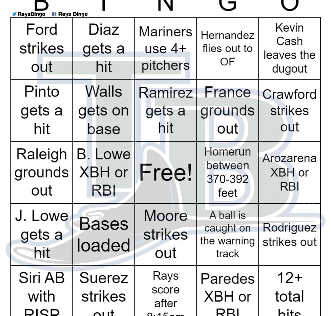 Rays vs Mariners Bingo, 9/8/2023
