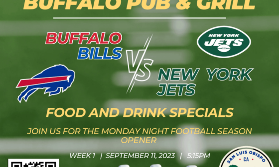 Bills Backers! We have started a new chapter in San Luis Obispo, CA at Buffalo Pub and Grill. Come join us every game day. We were able to source Labatt and the bar is putting out WNY themed foods!