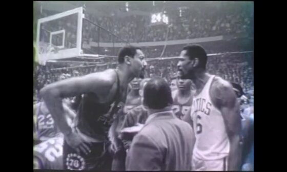 Wilt Chamberlain and Bill Russell square up after a brawl breaks out during Game 2 of the ECF (1966).