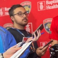 [Colby Guy] Carter Verhaeghe is on the ice ahead of Florida Panthers practice helping Mack Guzda warm up. He is wearing a white, full-contact jersey and is expected to stay out there and practice with the full group. (Will update this at 11.)