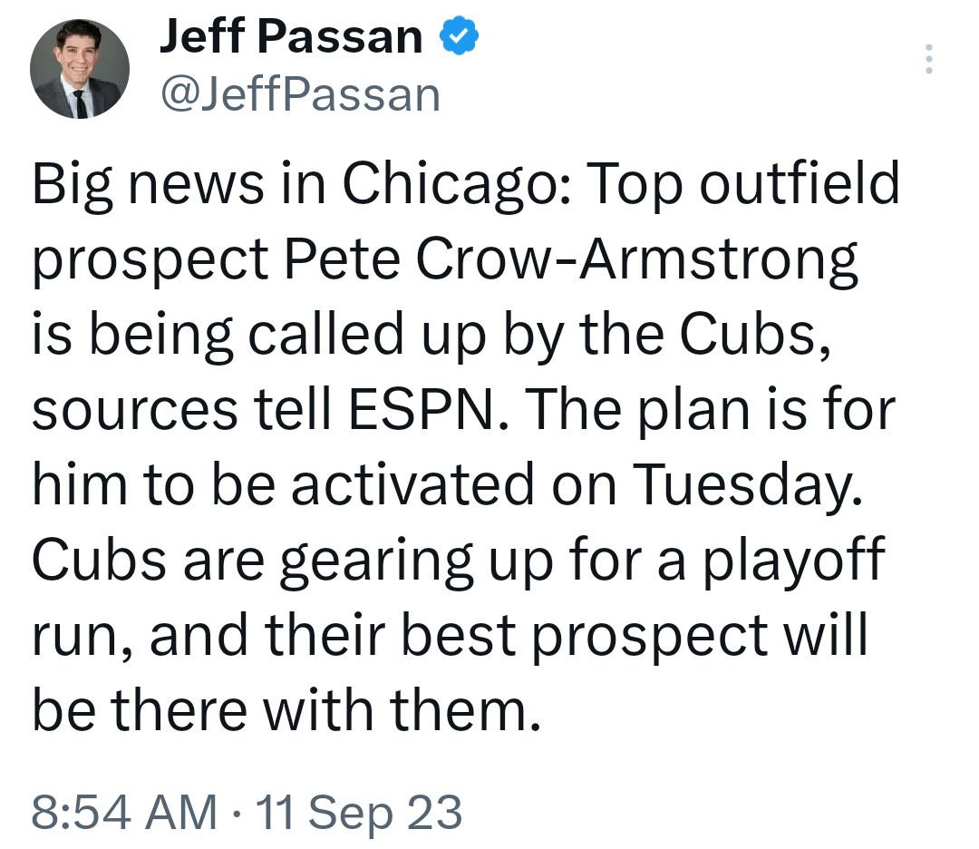 [Passan] Cubs calling up PCA