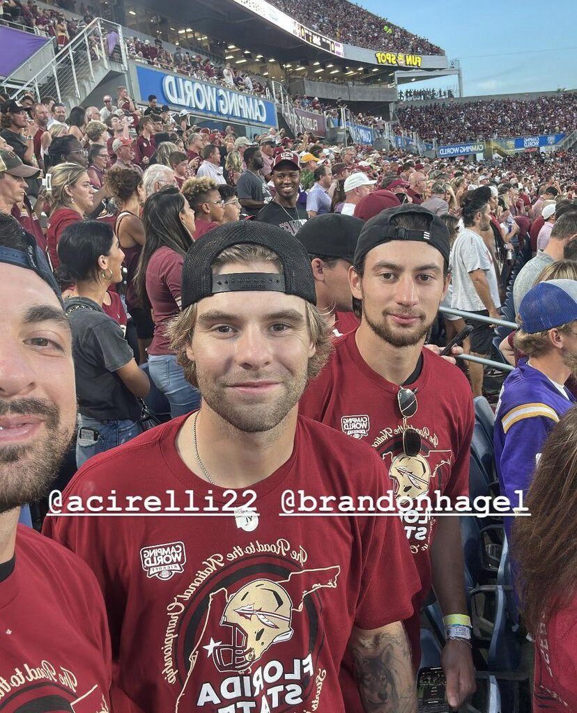 Tampa Bay Lightning players Nick Paul, Brandon Hagel, and Anthony Cirelli at the game supporting FSU last night 🍢