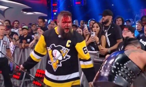 WWE Superstar Kevin Owens Covered in blood wearing a Mario Lemieux Jersey at Payback here in Pittsburgh.