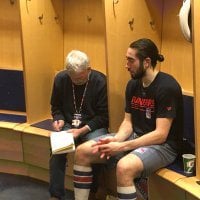 [Larry Brooks] Zibanejad in regular jersey, working with non-game group.