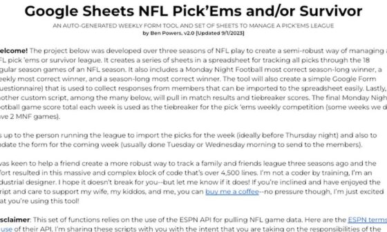 Run Your Own Pick'Ems or Survivor Group - Free Google Sheets/Forms NFL Script v2.0
