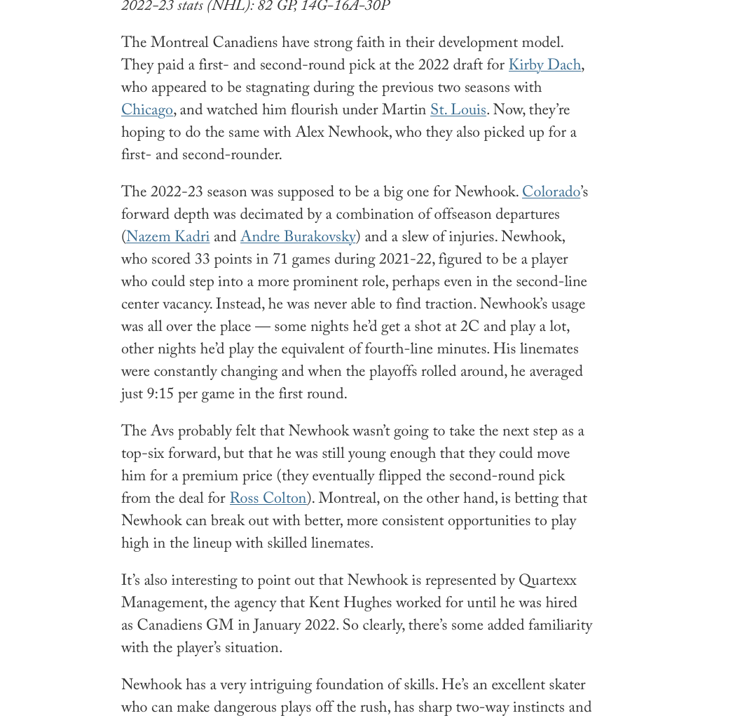 From "Draft bust or breakout candidate? 10 hotshot U23 NHL players that need to step up in 2023-24" (The Athletic)