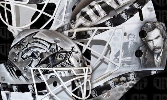 Cam Talbot’s mask featuring one-time LA Kings broadcaster Ron Burgundy