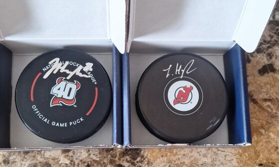 Hughes pucks! Just waiting on my Lazar Jersey now.