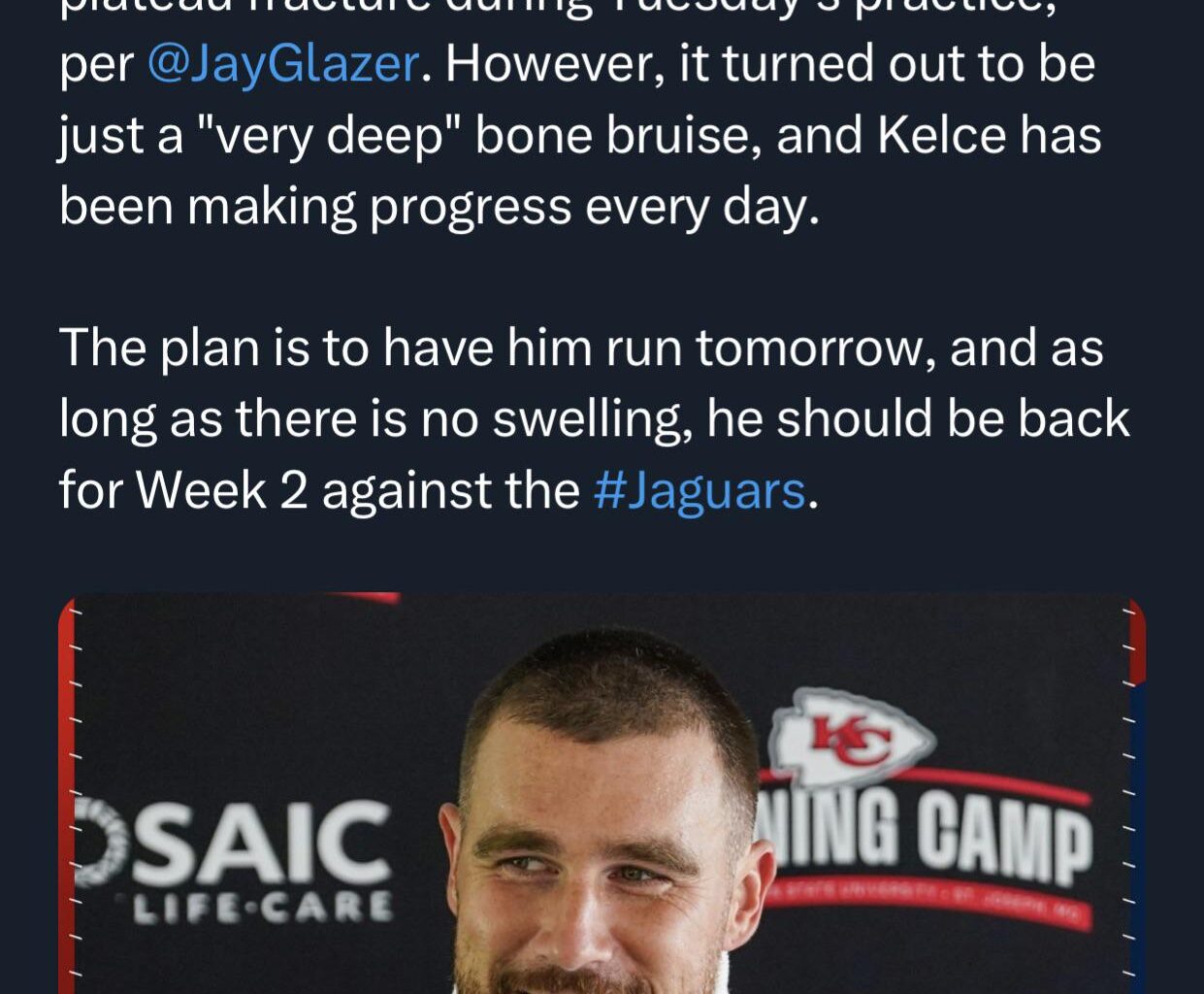 Kelce injury update. Seems to be good news so far.