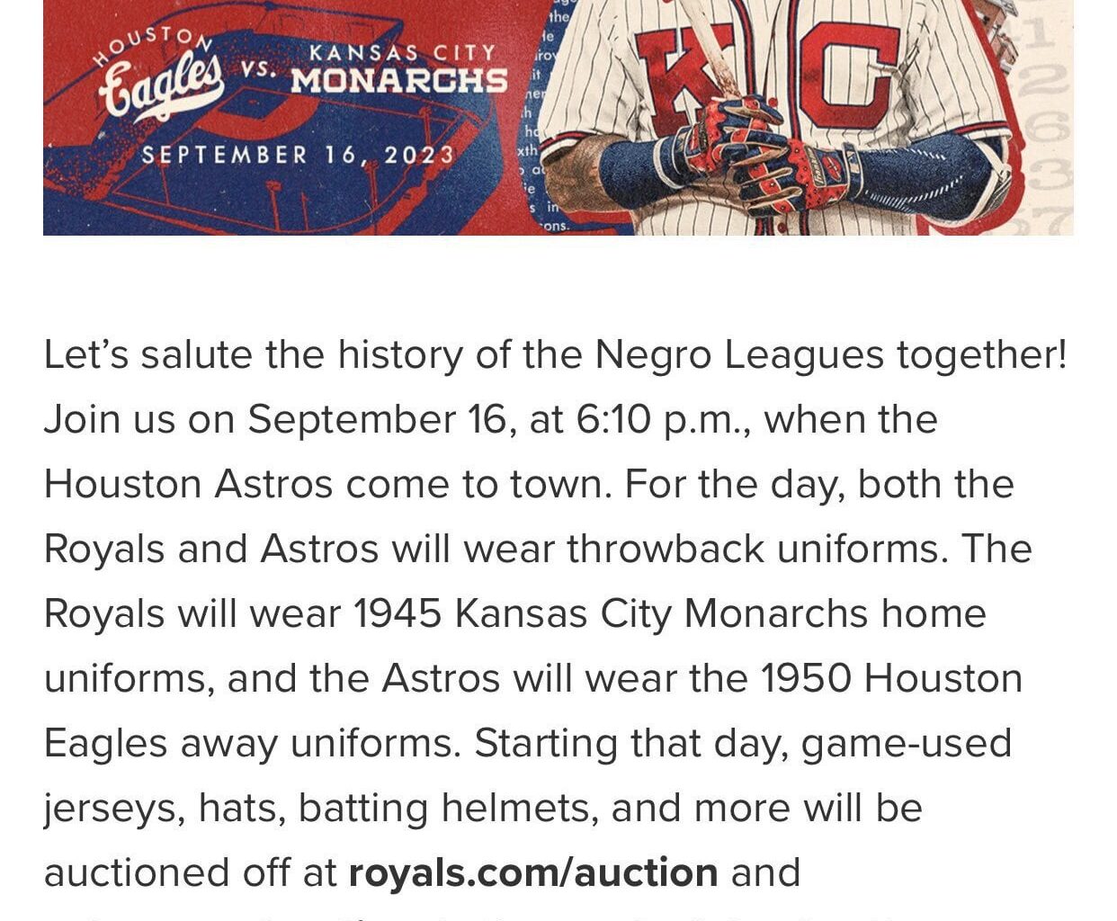 [IGTXSalazar] Astros and Royals will do a Salute to the Negro Leagues this Saturday. Royals will wear Monarch throwbacks and Houston will wear 1950 Eagles road uniforms.