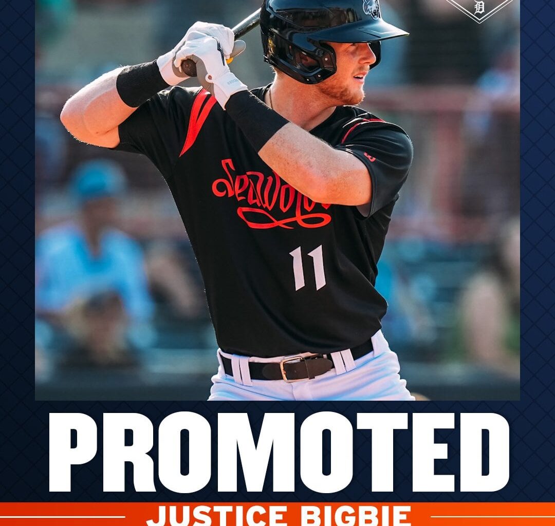 Justice Bigbie has been promoted to Triple A Toledo. He leads full-season Tigers minor league hitters with a .352 batting average across two levels and ranks second in OBP (.413) and SLG (.549).