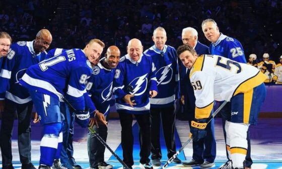 Tampa Bay Hall of Famers at the ceremonial puck drop