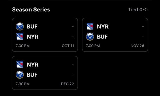 The new NHL app has the Rangers Sabres season series slated to start in New York on October 11th… What a horrible official app.