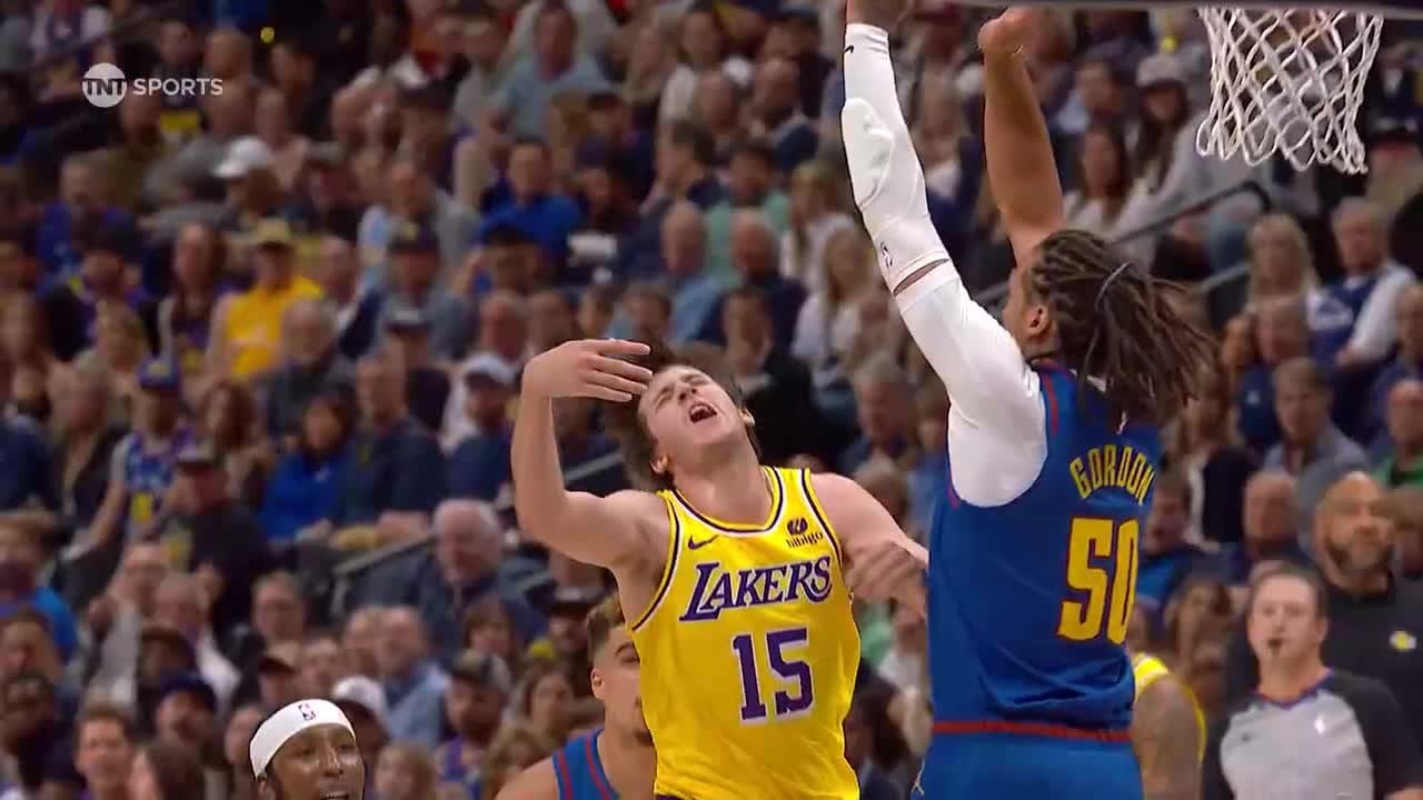 Austin Reaves throat chopped himself. Reggie Miller: "Look at the after shot by Gordon. He got hit twice!"