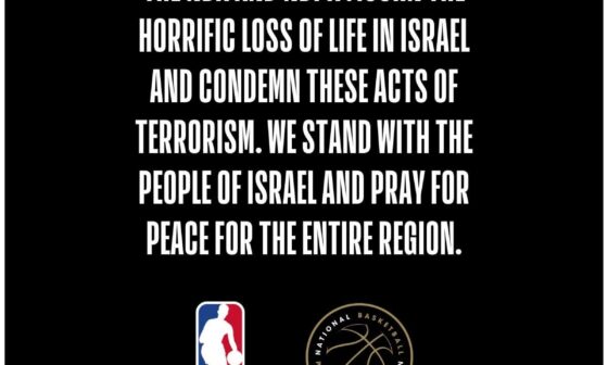 Official statement from the NBA: "The NBA and NBPA mourn the horrific loss of life in Israel and condemn these acts of terrorism. We stand with the people of Israel and pray for peace for the entire region."