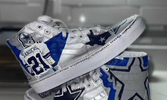 Dallas Cowboys Themed Vans Sk8 Hi With Crystal Stones. Highlighting Hall Of Fame Player Deion Sanders in portrait along the side.