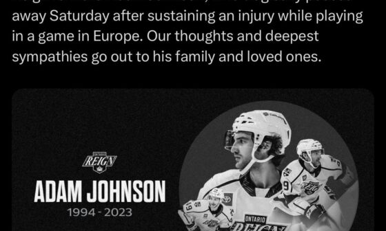 Former Penguin and Ontario Reign forward Adam Johnson has passed away after a freak accident yesterday
