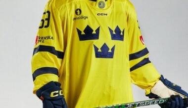 Team Sweden proudly presents a new CCM Home jersey. The yellow jersey features darker blue details and the swedish hockey federation logo has been moved from the chest to the collar similar to the NHL logo shield. Made in Czech Republic. How do you like it?