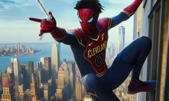 Created this Donovan Mitchell Spider-Man, in a Cleveland Cavaliers themed suit, using AI