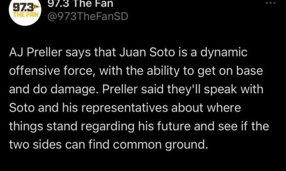 [97.3TheFan] AJ Preller says that Juan Soto is a dynamic offensive force, with the ability to get on base and do damage. Preller said they'll speak with Soto and his representatives about where things stand regarding his future and see if the two sides can find common ground.