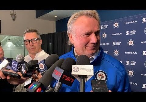 Jets coach Rick Bowness discussing the Scheifele and Hellebuyck seven-year extensions