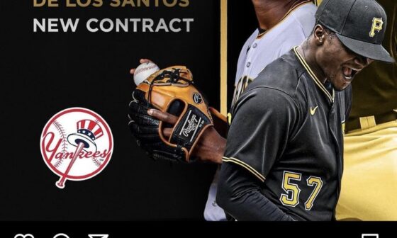 [Kuty] Epitome Sports Management — the representatives of Yerry De Los Santos — says the 25-year-old righty reliever has signed w/ the Yankees. De Los Santos uses a sinker-heavy approach and has a 54.5 GB% over 48 MLB appearances w/ the Pirates. He has a career 4.14 ERA.