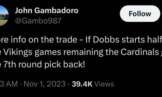 Reminder: If Dobbs starts one more game then we get the 7th pick back