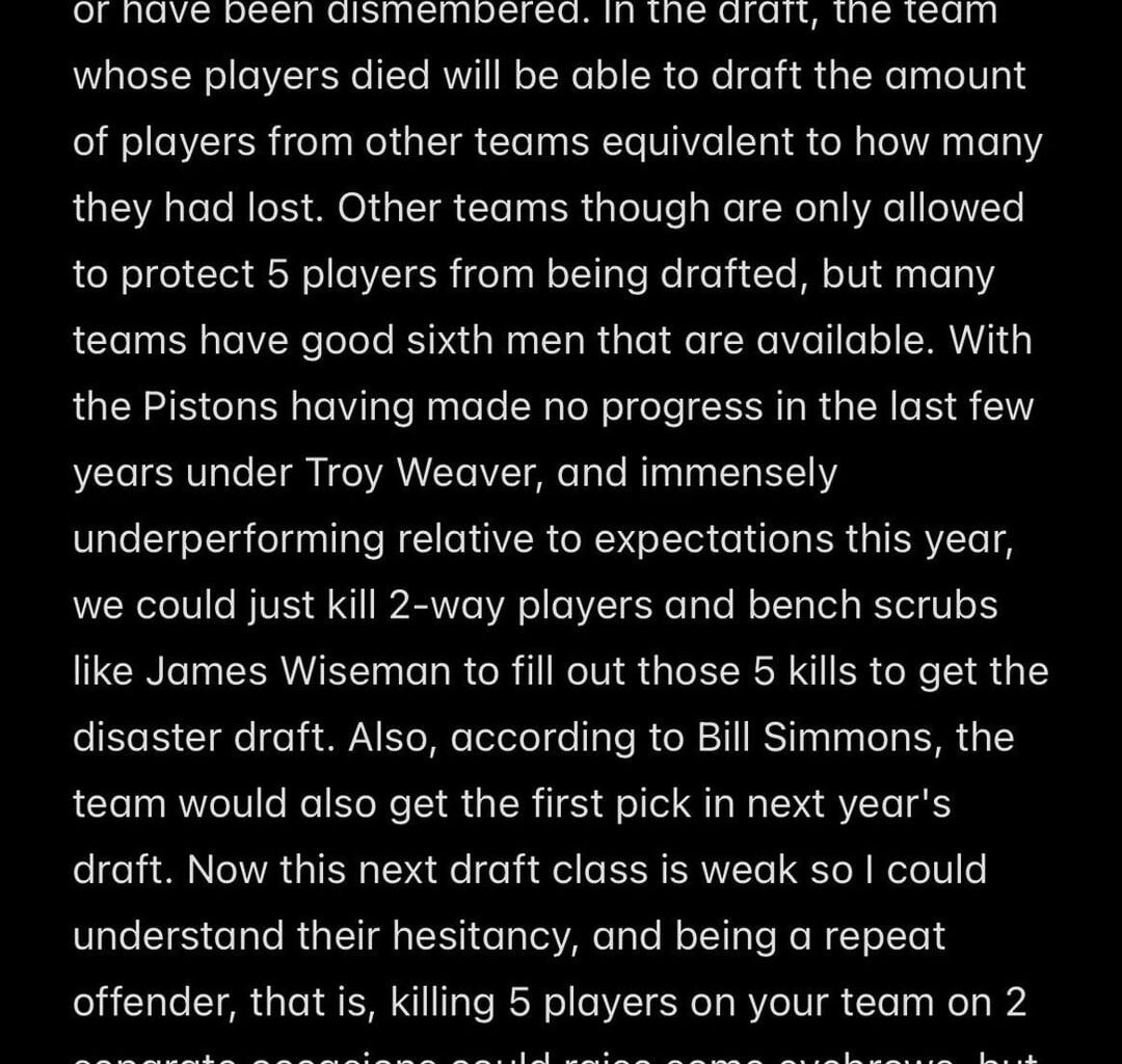 Should the pistons kill 5 of their players to initiate a disaster draft? (Hypothetical)