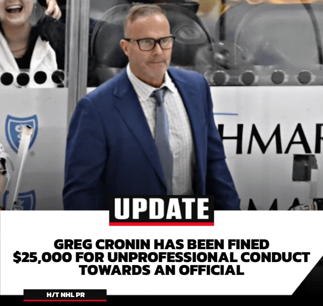 Former Isles' associate coach Greg Cronin has been fined $25K for unprofessional conduct towards a ref in the Ducks-Pens game.