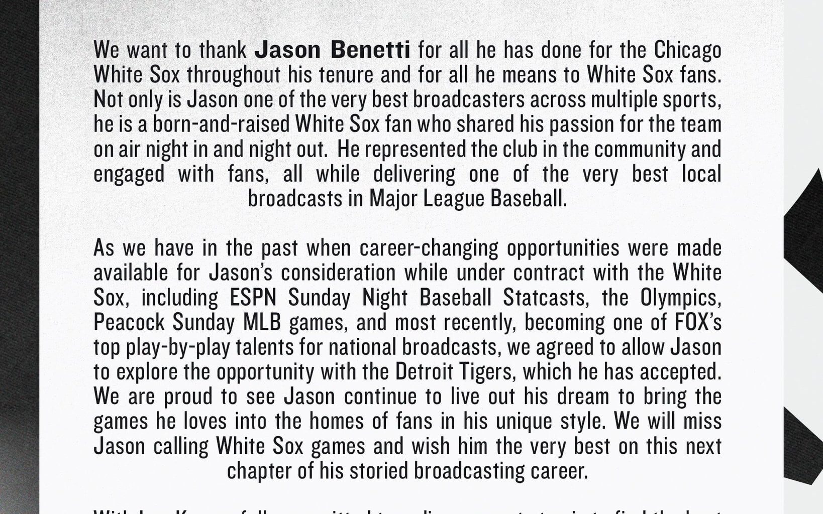 Jason Benetti is leaving the Sox broadcast booth