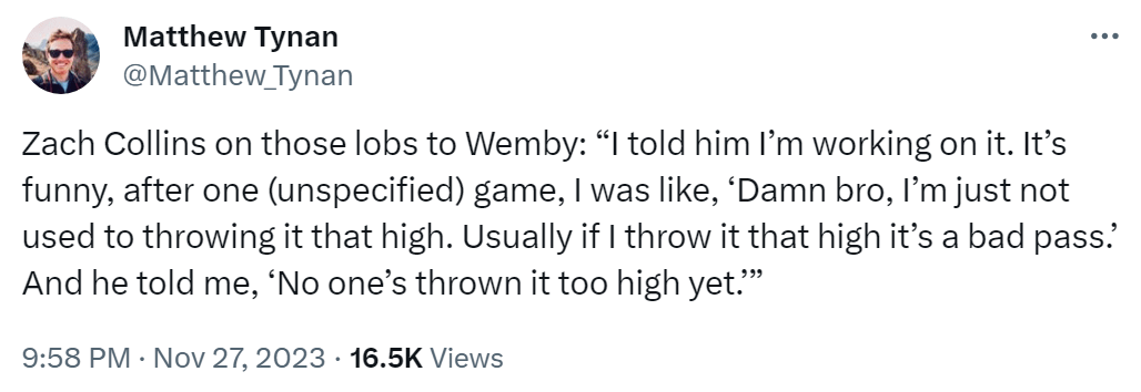 Zach Collins on those lobs to Wemby