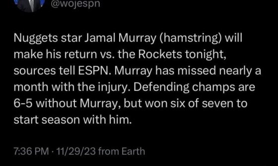 Breaking: Jamal Murray playing tonight per Woj