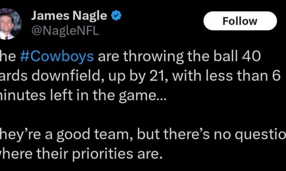 Seeing a lot of takes on how we can't take care of bad teams like Dallas, but while we're running the ball grinding the clock, they're throwing bombs when up 30