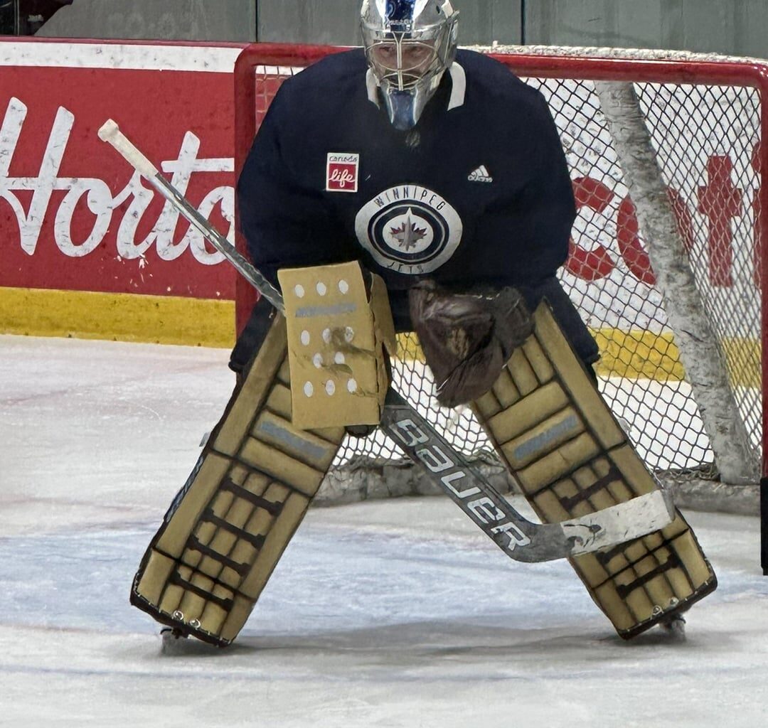 Laurent Brossoit breaking in his ‘new’ retro pads at practice today. He’ll wear them when the Jets wear their RCAF inspired ‘48 jersey.