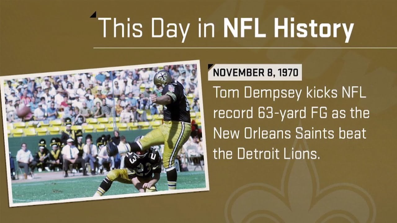 53 years ago today, Tom Dempsey set the record for longest field goal in NFL history. 11/08/1970. His record of 63 yards stood for 43 years.