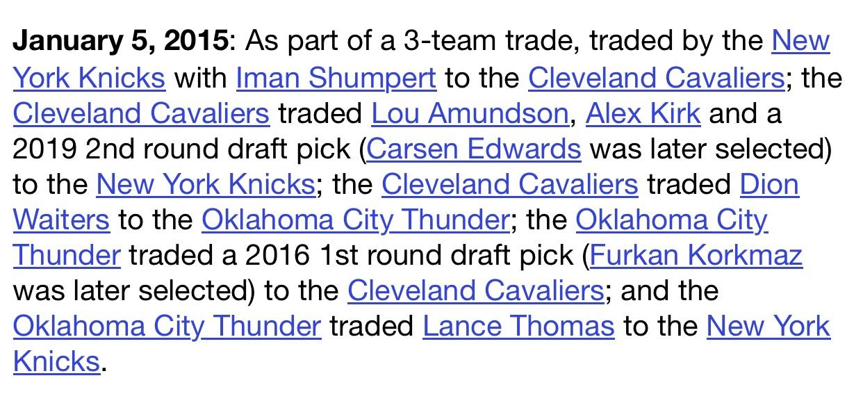 This trade never made sense to me. We gave up Shump & JR, Dion Waiters and a 1st were also moved and we got Lance Thomas? Really feels like we got screwed