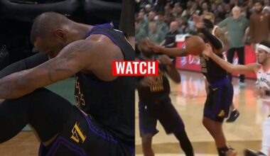WATCH: LeBron James goes down on court after being hit by Rui Hachimura in clash against Spurs