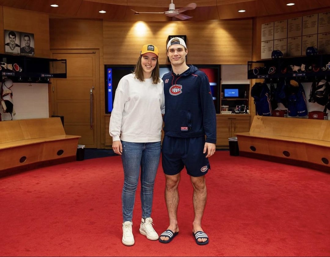 Juraj Slafkovsky meeting fellow Slovak Petra Vlhova, a pro alpine skier who’s currently competing in WC in Canada
