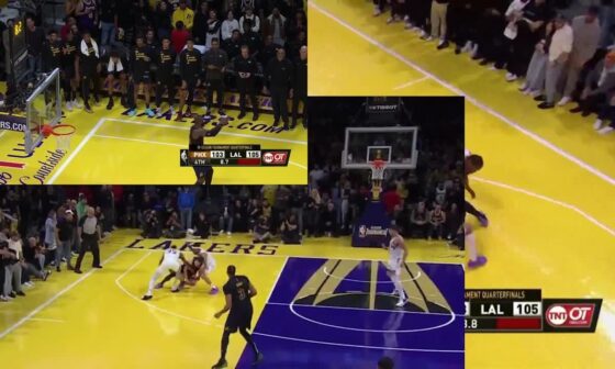 Synced up TNT OT camera shots of the timeout granted in the Lakers vs Suns game; slowed down the moment LeBron signals the timeout. Additionally, a look at Grayson Allen's VAR-worthy save to keep the ball inbounds (if play was not stopped)