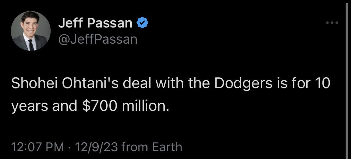 [Passan] Shohei Ohtani's deal with the Dodgers is for 10 years and $700 million.