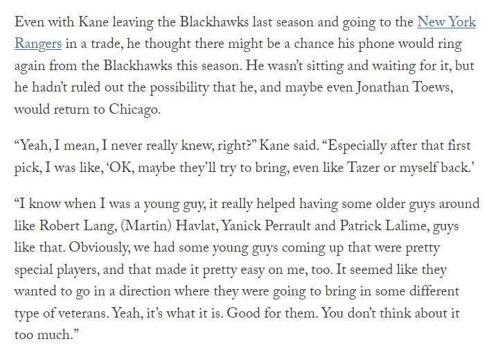 Patrick Kane thought that he and Toews might be brought back after the Blackhawks aquired the first overall pick. This is via Scott Power's article on The Athletic.