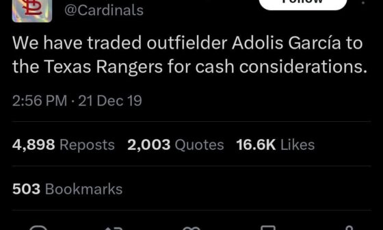 On this day, we traded cash considerations for Adolis Garcia