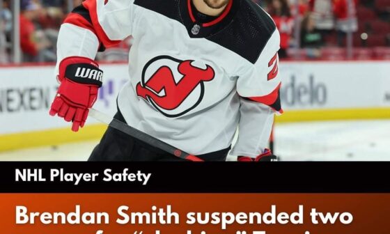 NHL Player Safety hands down a two game suspension on Brendan Smith for "slashing" Konecny